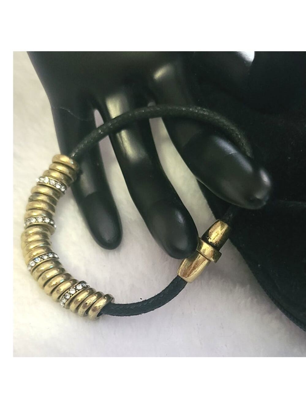 Gold Rhinestone Discs Black Vegan Leather Bracelet ~ NEW